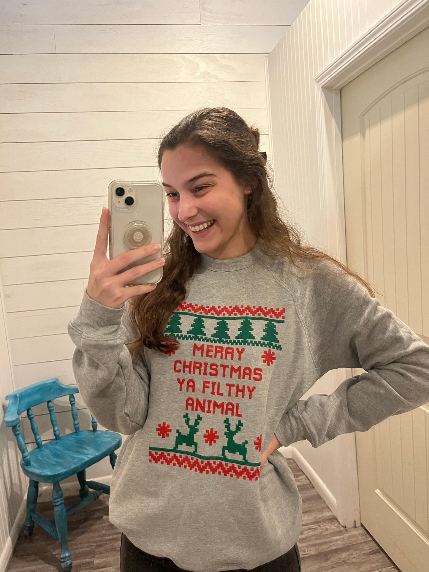 Athletic Heather Merry Christmas Ya Filthy Animal Sweatshirt