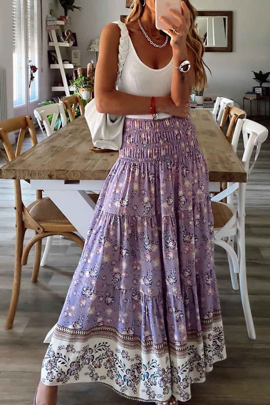 Purple Floral High Waisted Maxi Skirt