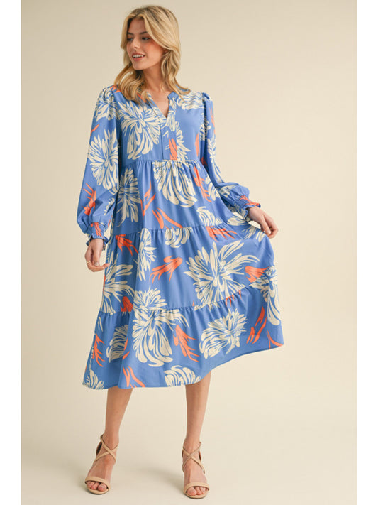 Blue Floral Long Sleeve Midi Dress