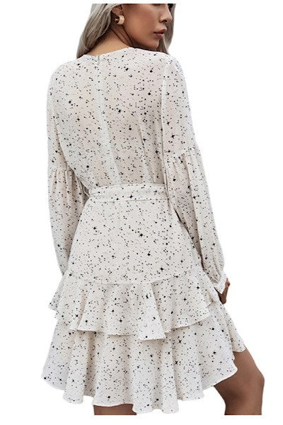 White Starry Print Long Sleeve Mini Dress