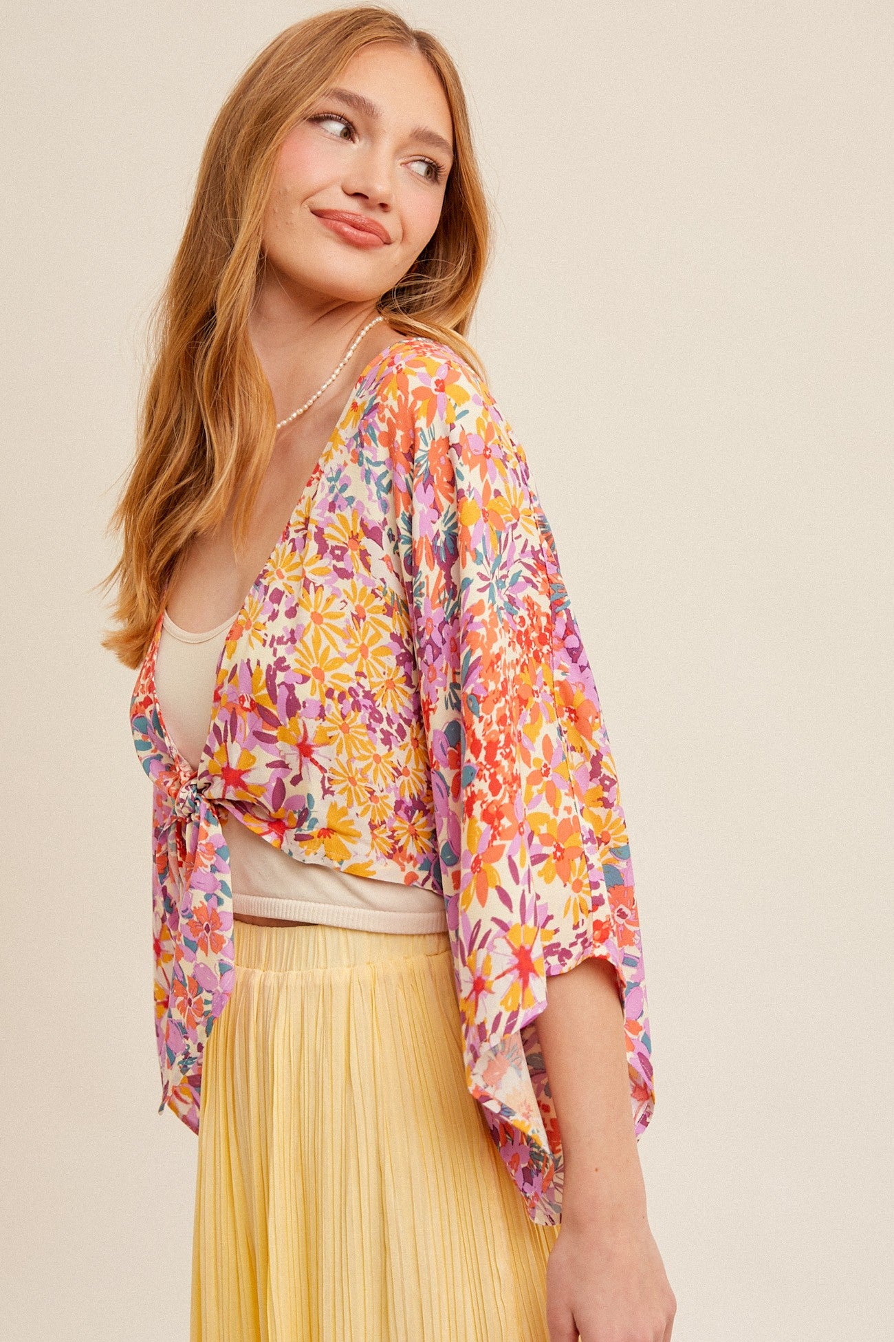 Multicolor Floral Crop Tie Waist Kimono