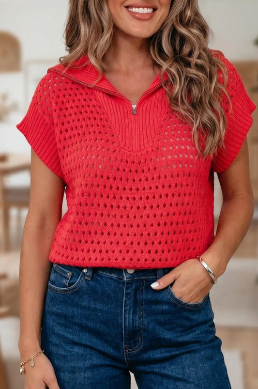 Red Open Knit Short Sleeve Zipper Collared Top