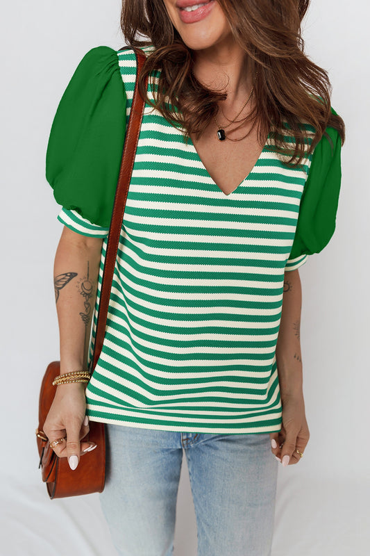Green Striped Short Puff Sleeve Blouse