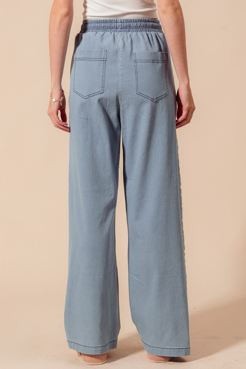 Denim/Ivory Mid Rise Drawstring Track Pants