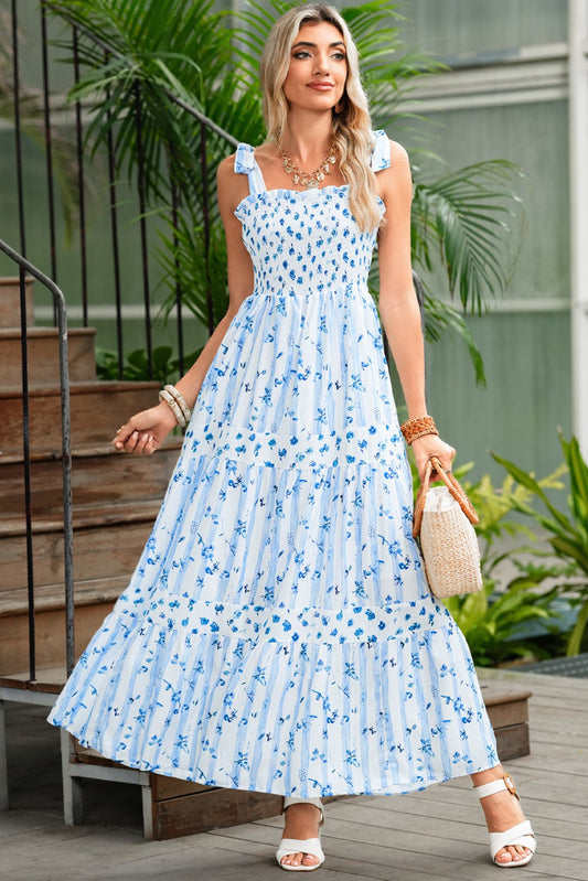 Blue Floral Smocked Tie Strap Maxi Dress