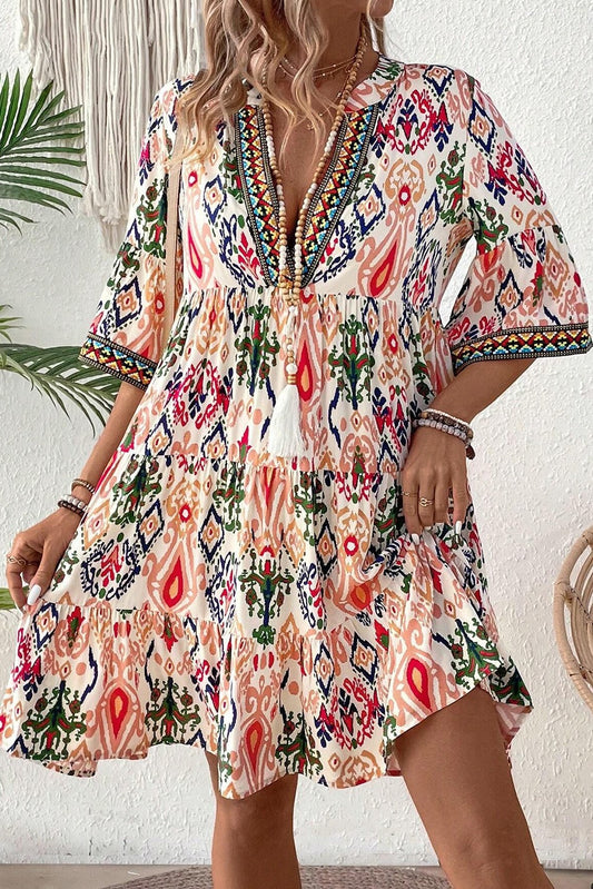 Multicolor Abstract Print Bell Sleeve Mini Dress