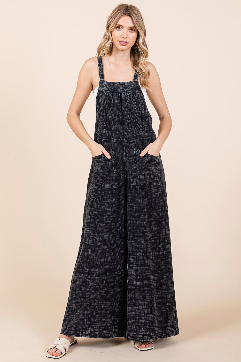 Washed Black Wide Leg Overall Jumpsuit