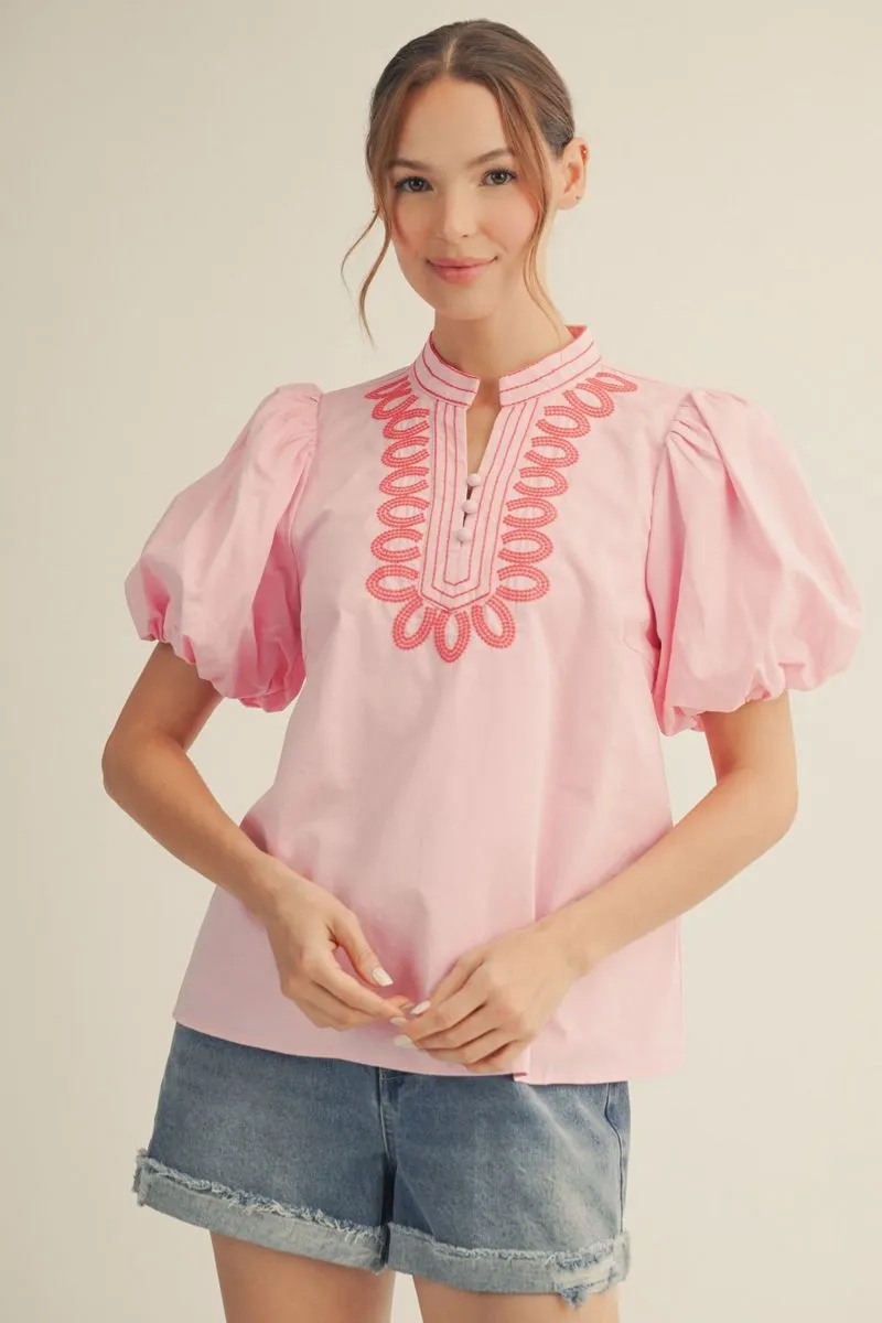 Pink Embroidered Short Puff Sleeve Blouse