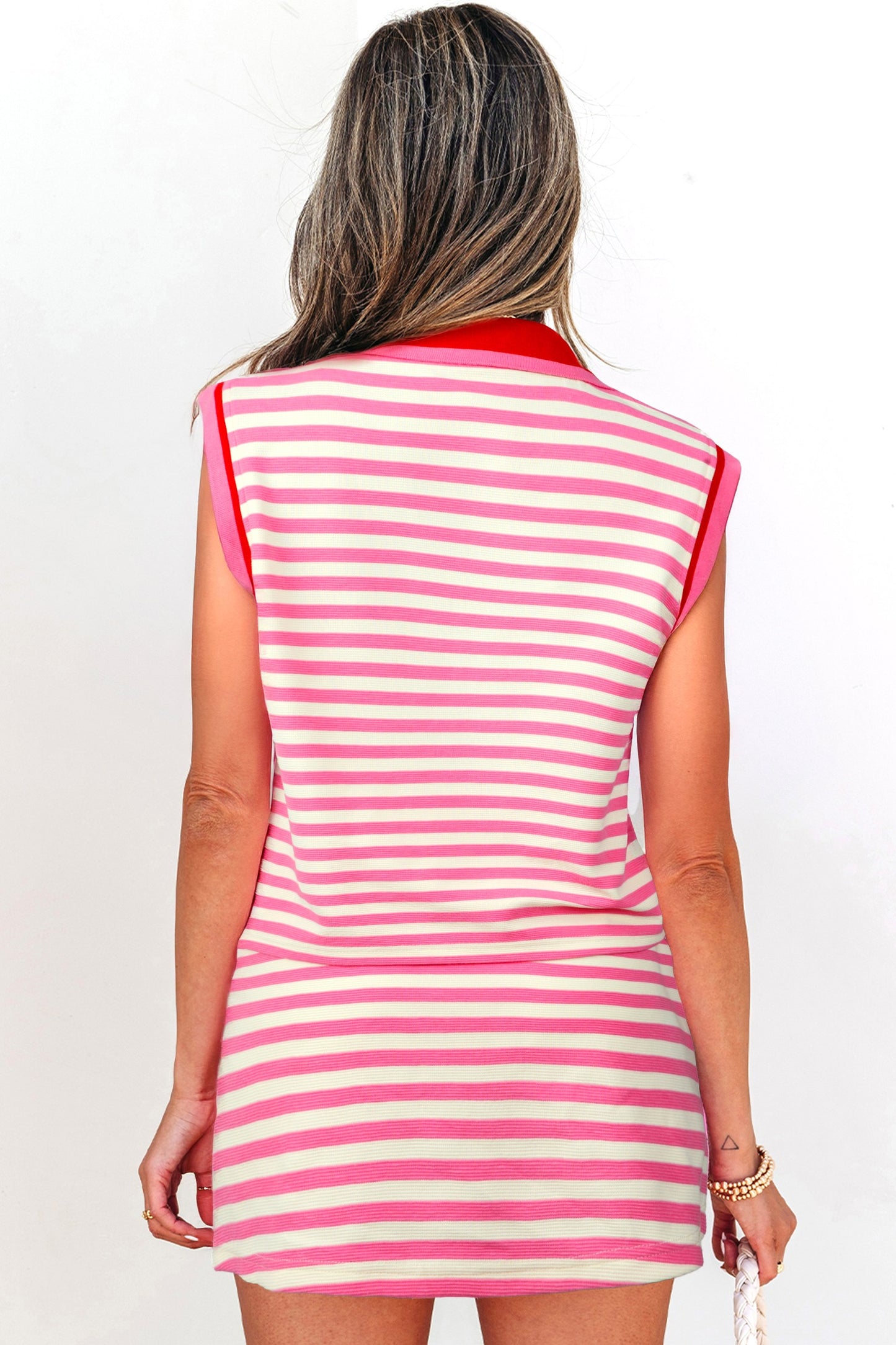 Pink + Red Striped Zip Collar Top + Skort Set