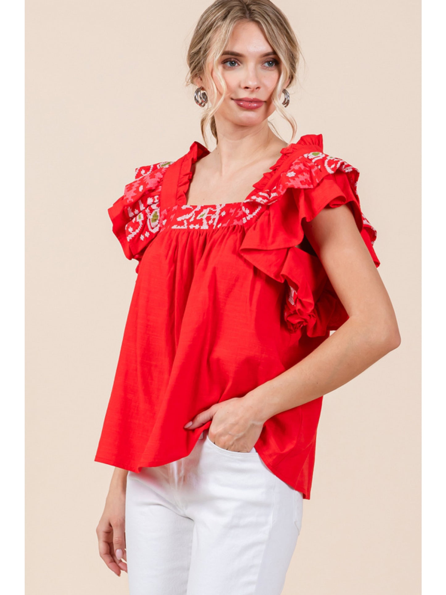 Red Sleeveless Square Neck Blouse w/ Cross Stitching Detail