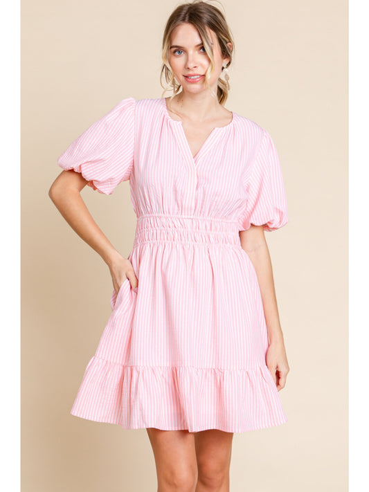 Pink Striped Short Puff Sleeve Mini Dress