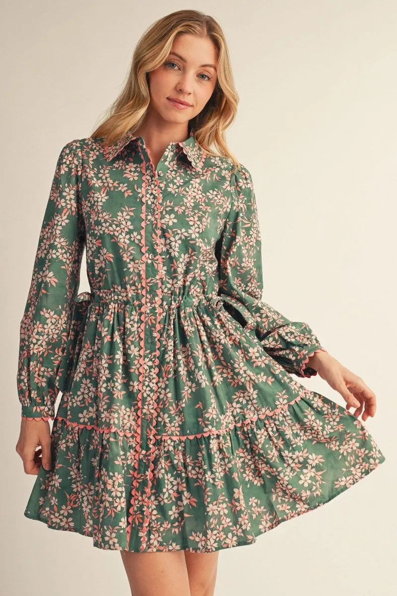 Pine Green Floral Long Sleeve, Collared Mini Dress