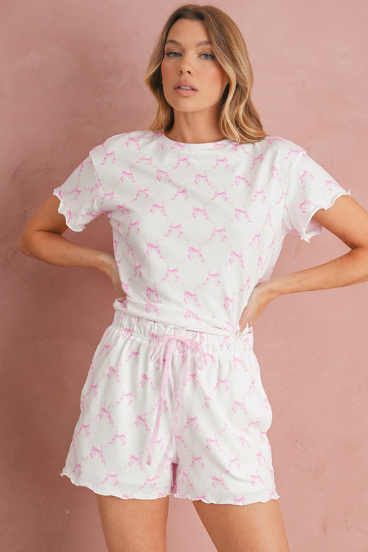 Pink Bowknot Print Top + Shorts Pajama Set
