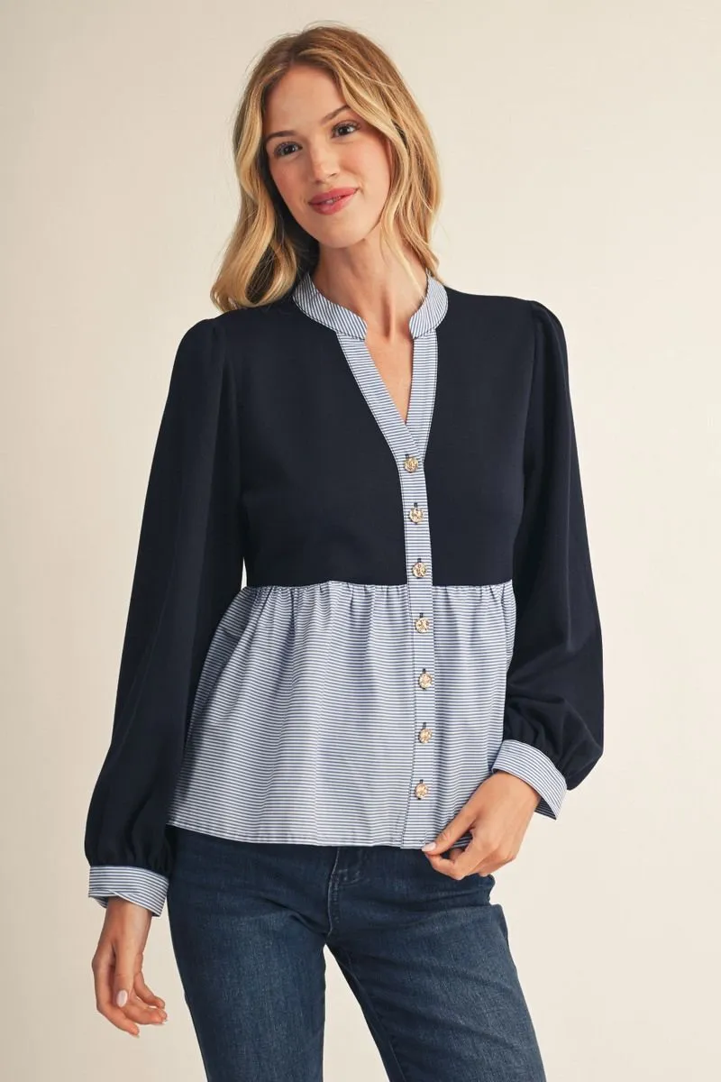 Navy Babydoll Contrast Long Sleeve Blouse