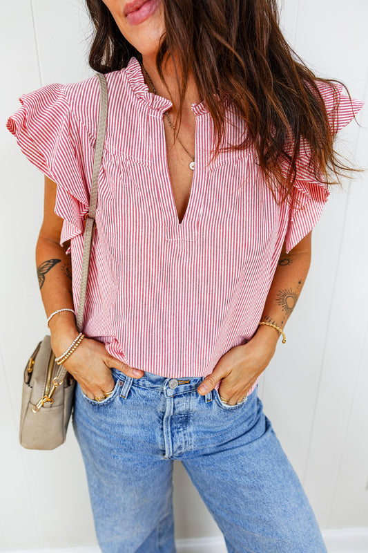 Red Striped Flutter Sleeve Blouse