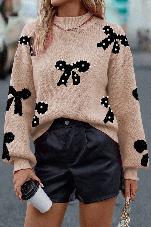 Taupe Pearl Embellished Bow Patterned Sweater