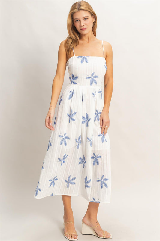 Blue Floral Sleeveless Woven Midi Dress