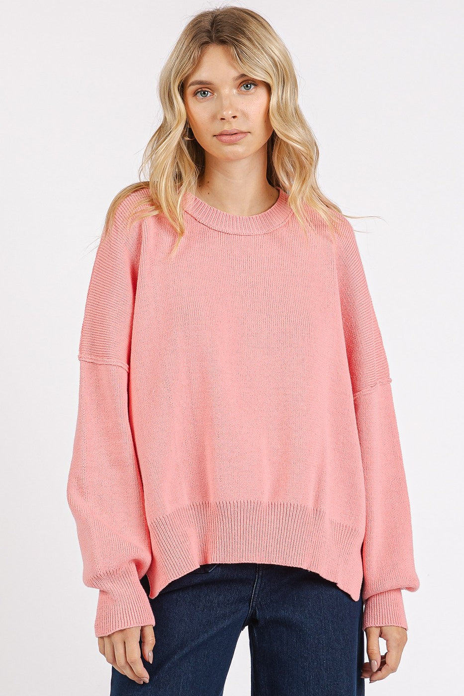 Pink Drop Shoulder Round Neck Sweater