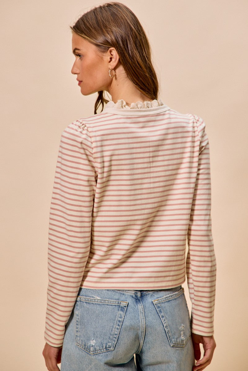 Off White/Pink Striped Knit Long Sleeve Button Down