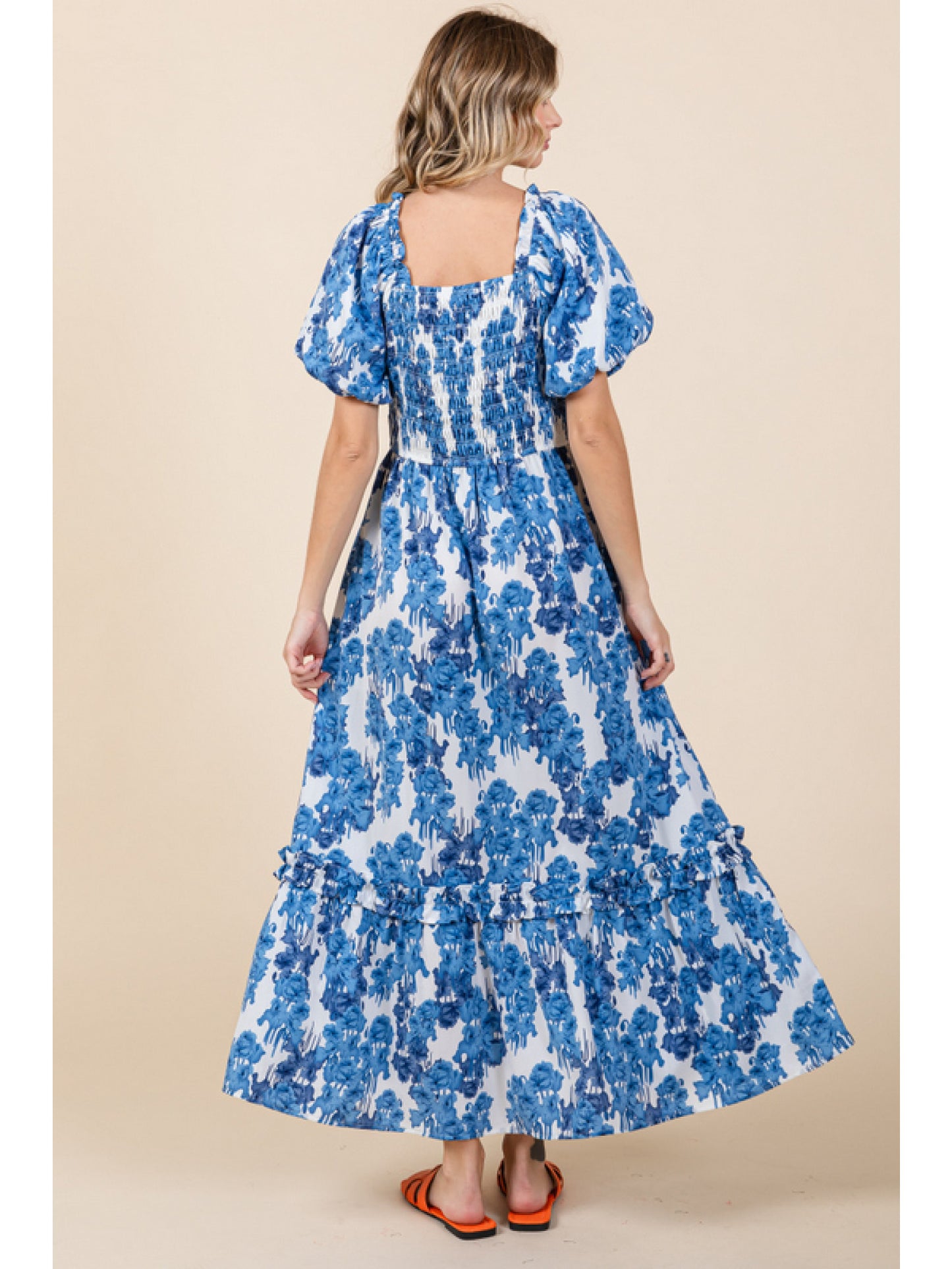 Blue Floral Smocked Top Puff Sleeve Maxi Dress