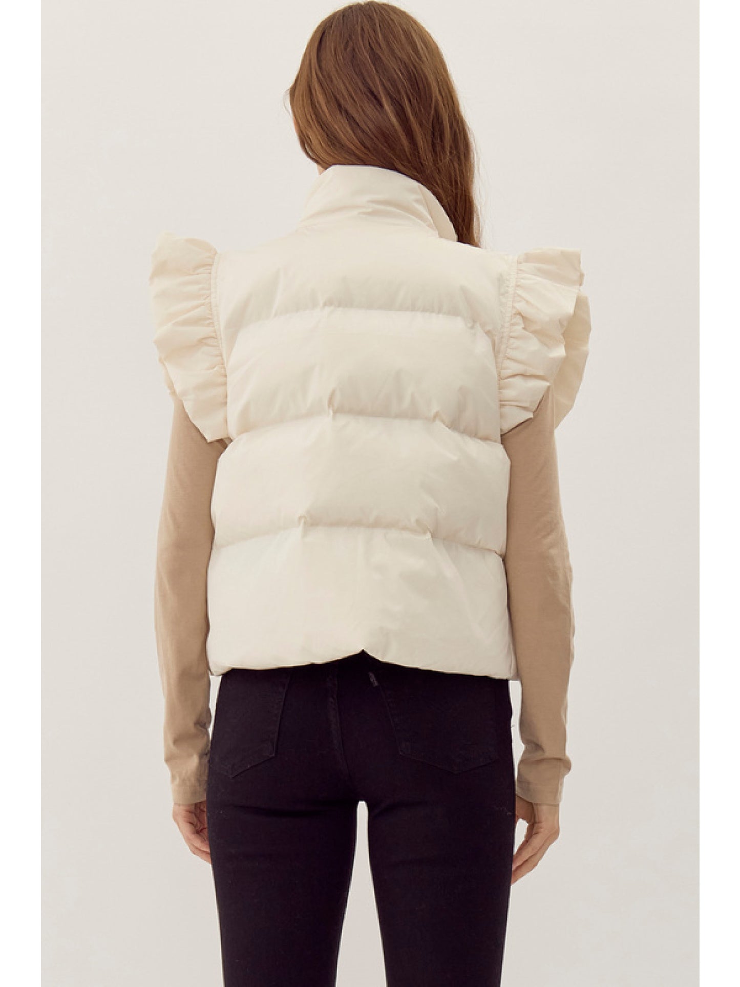 Ruffle Sleeve Front Pocket Puffer Vest