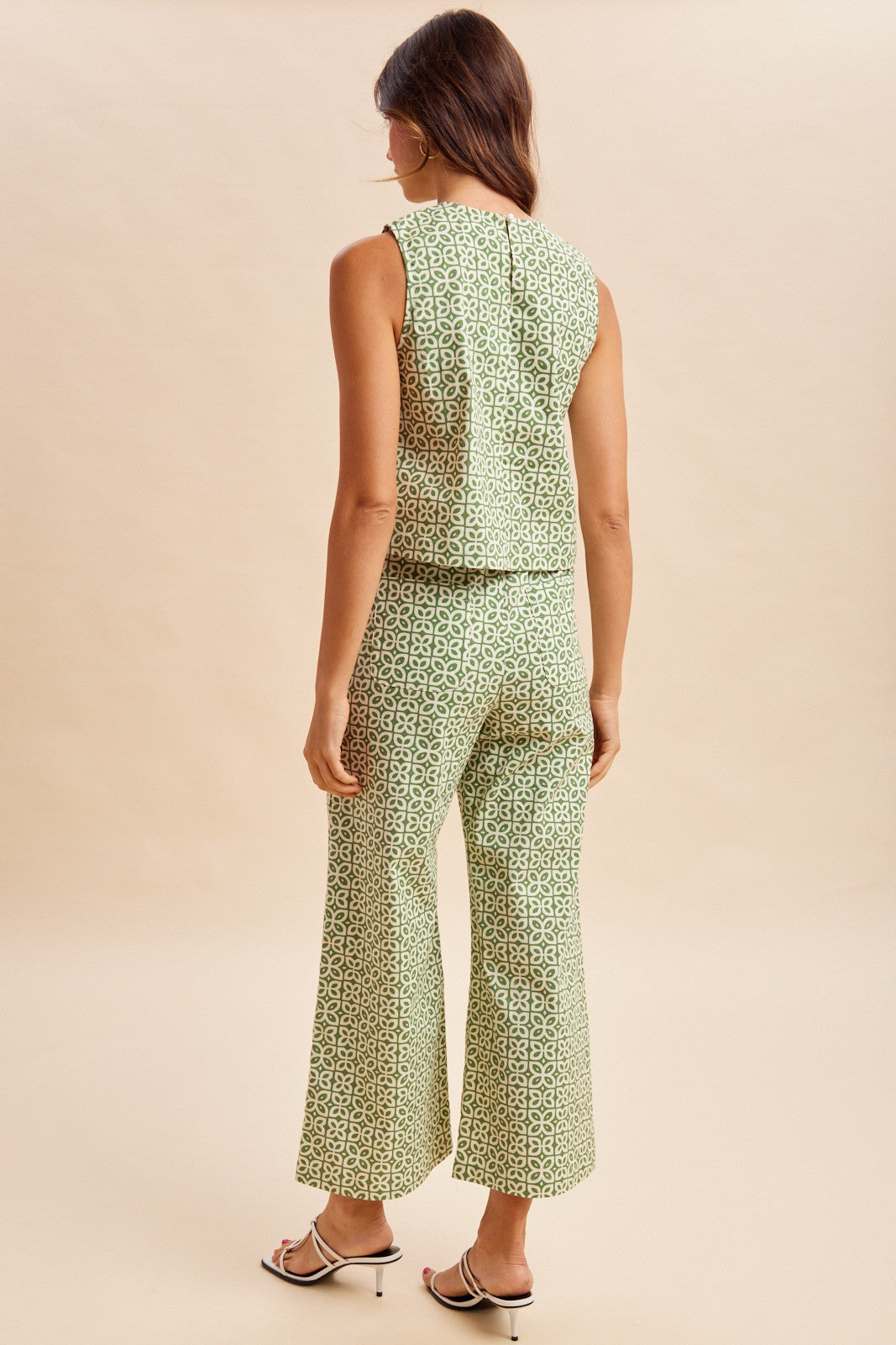 Matcha Tile Floral Print Linen Sleeveless Top + Pants Set