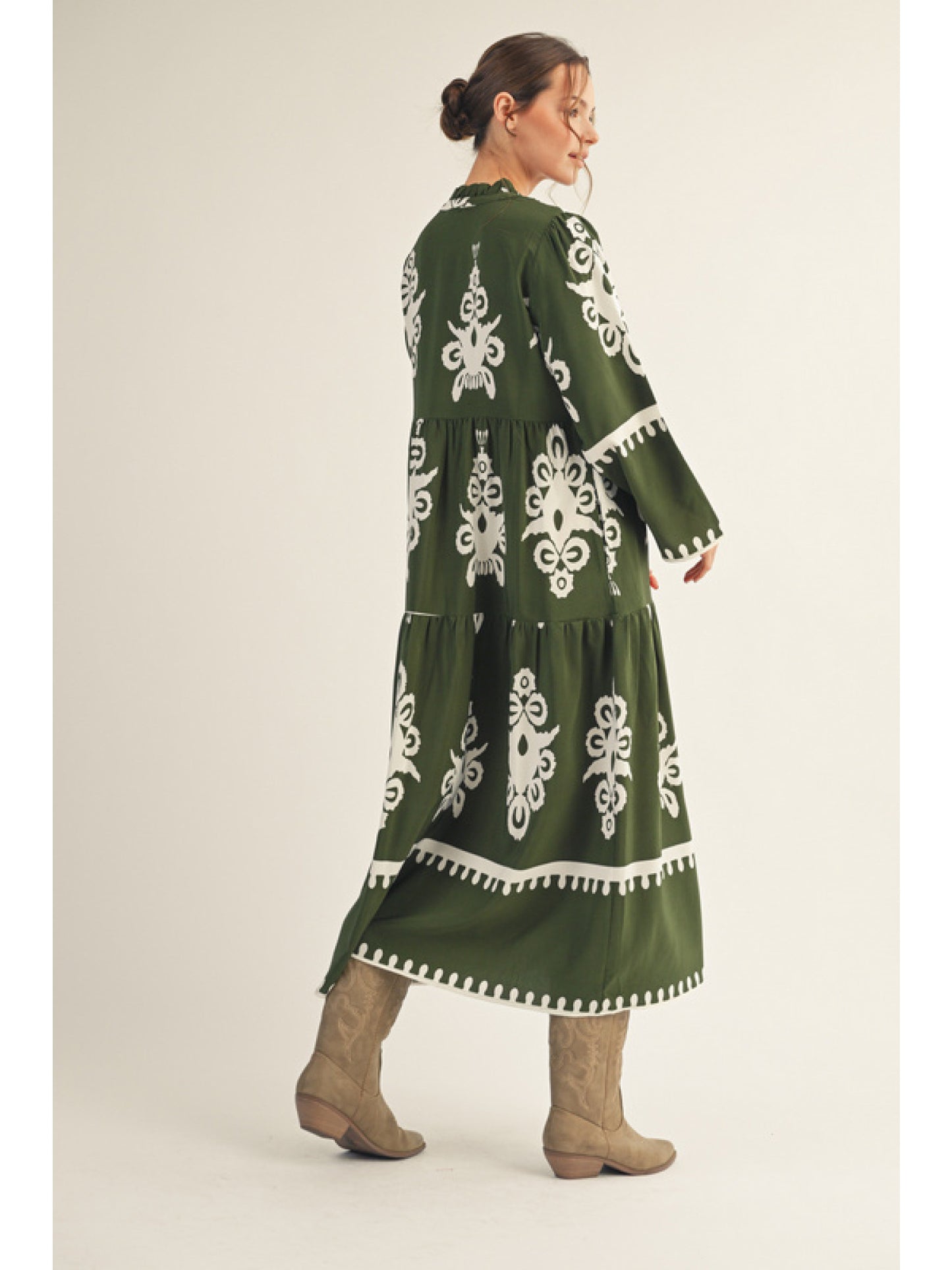 Olive Abstract Patterned Tiered Maxi Dress