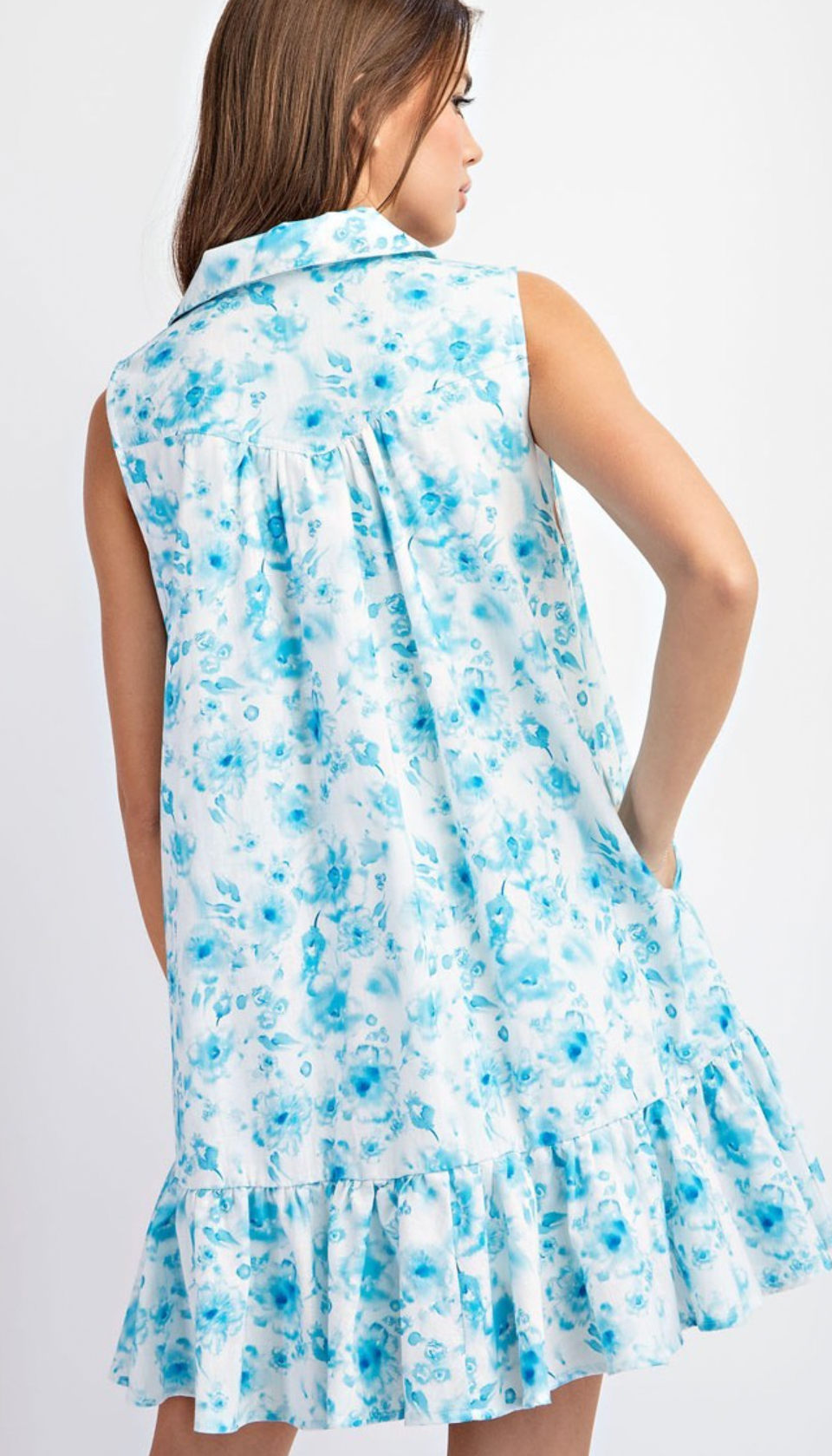 Blue Watercolor Floral Button Down Sleeveless Mini Dress