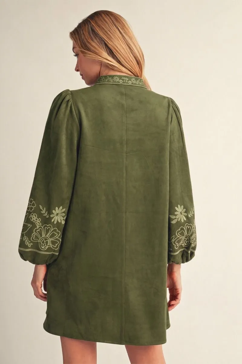 Olive Faux Suede Floral Print Long Sleeve Mini Dress