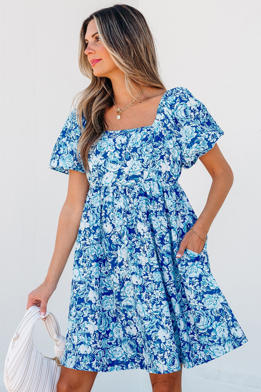 Royal Blue Floral Puff Sleeve Mini Dress