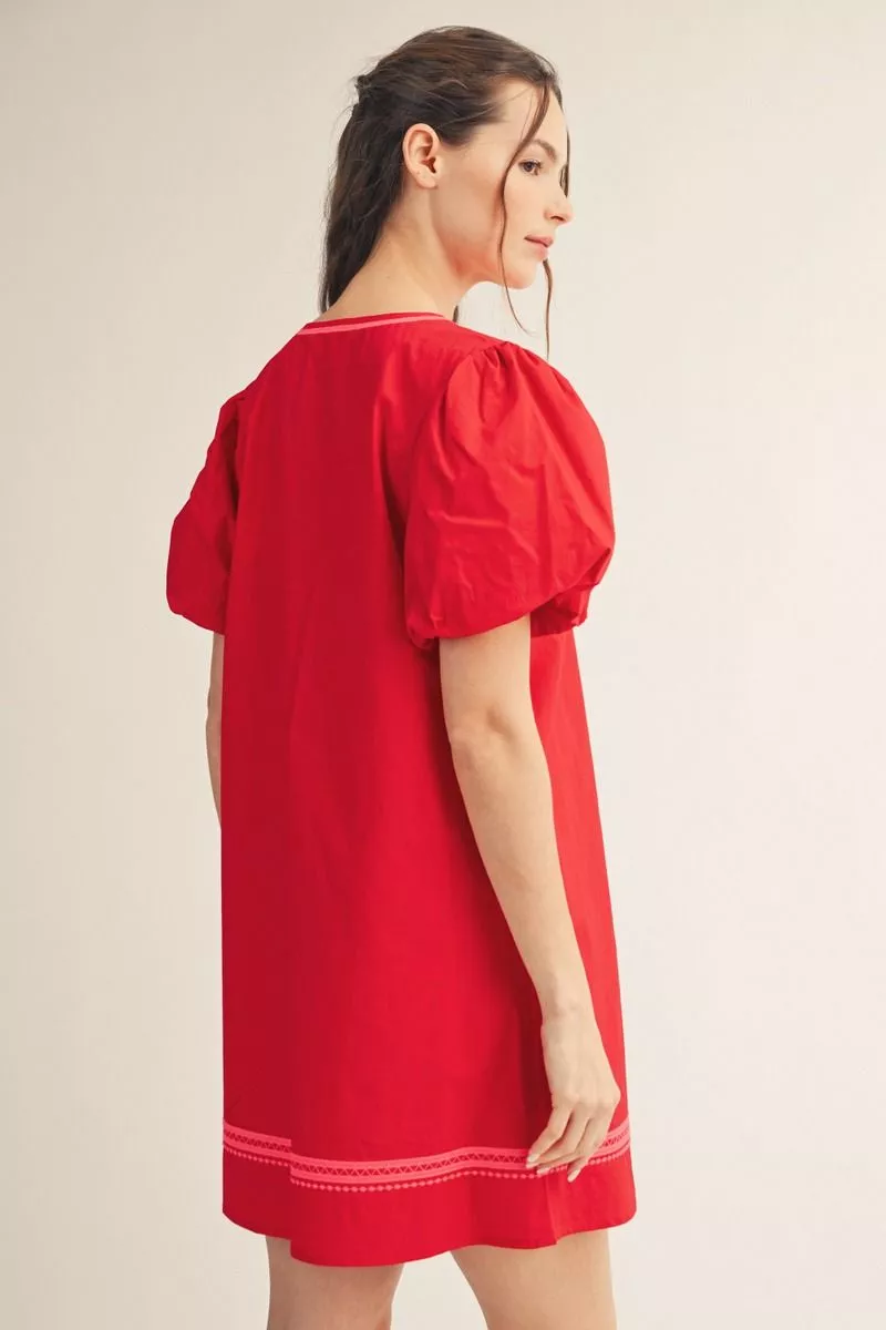 Tomato Red Embroidered Puff Sleeve Mini Dress