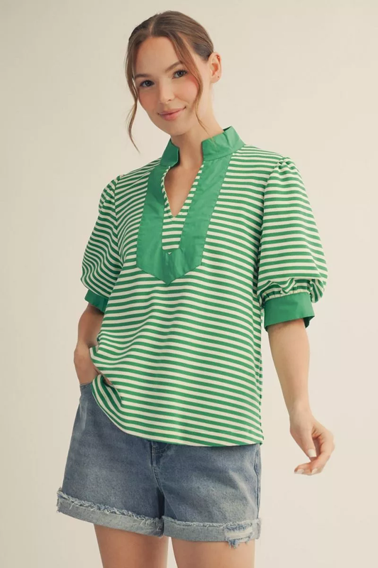 Kelly Green Striped Short Puff Sleeve Top