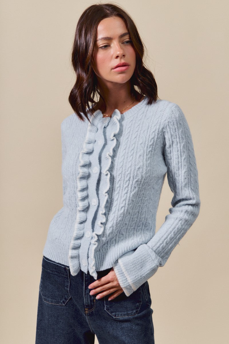 Periwinkle Ruffled Button Down Sweater w/ Flared Cuffs