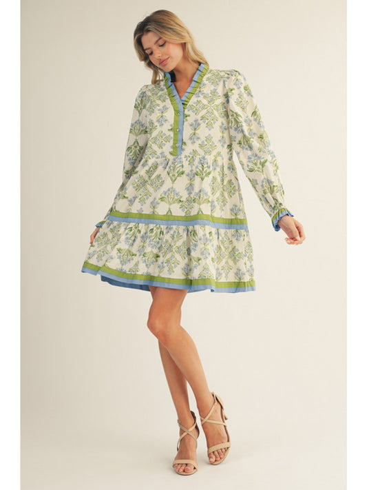 Blue/Green Floral Long Sleeve, Tiered Mini Dress