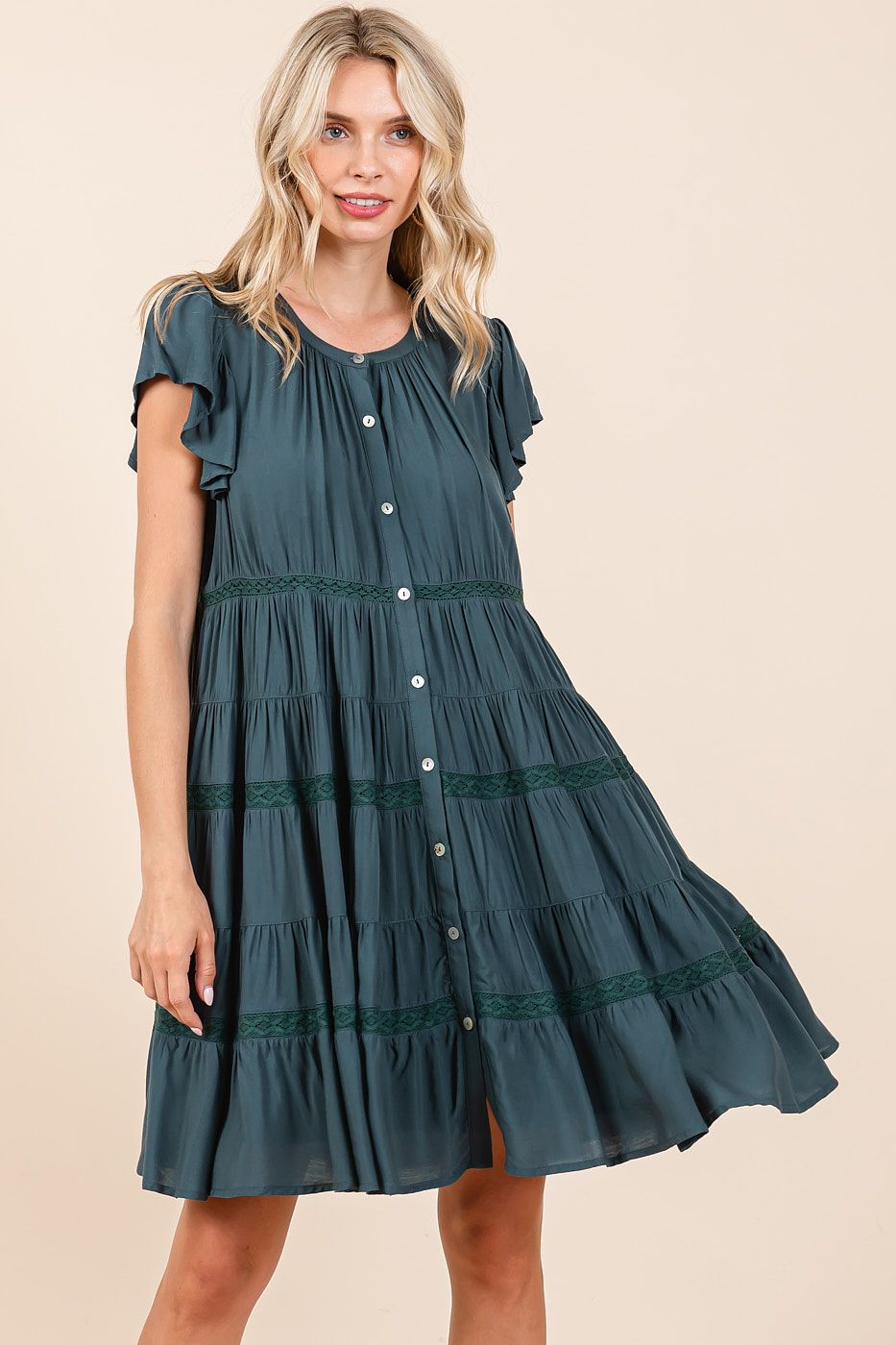 Hunter Green Button Up Short Sleeve Mini Dress