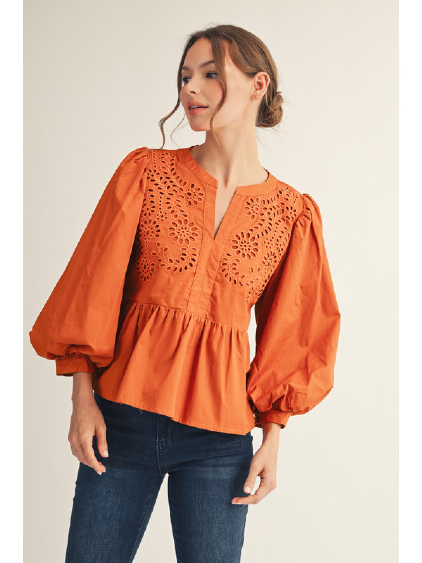 Long Balloon Sleeve, Babydoll Eyelet Print Blouse