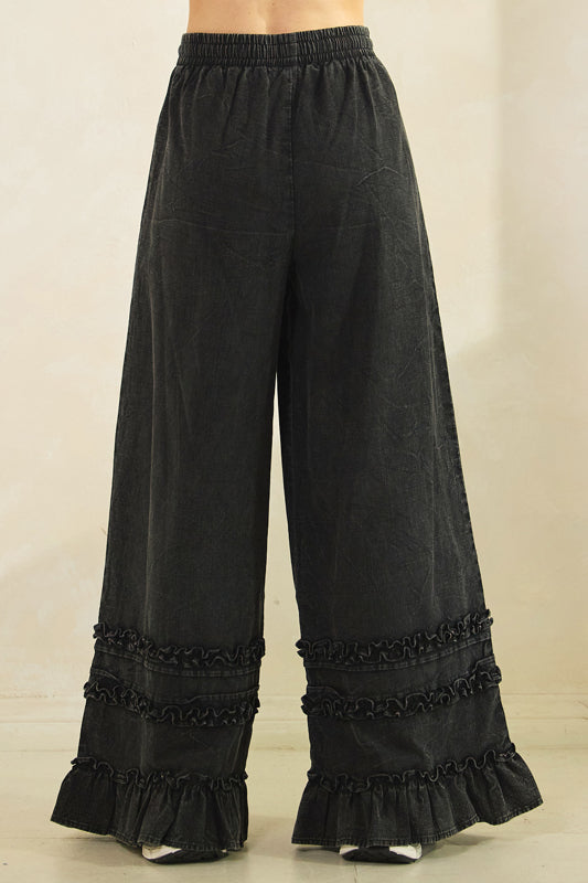Ash Black Ruffle Hem Drawstring Pants