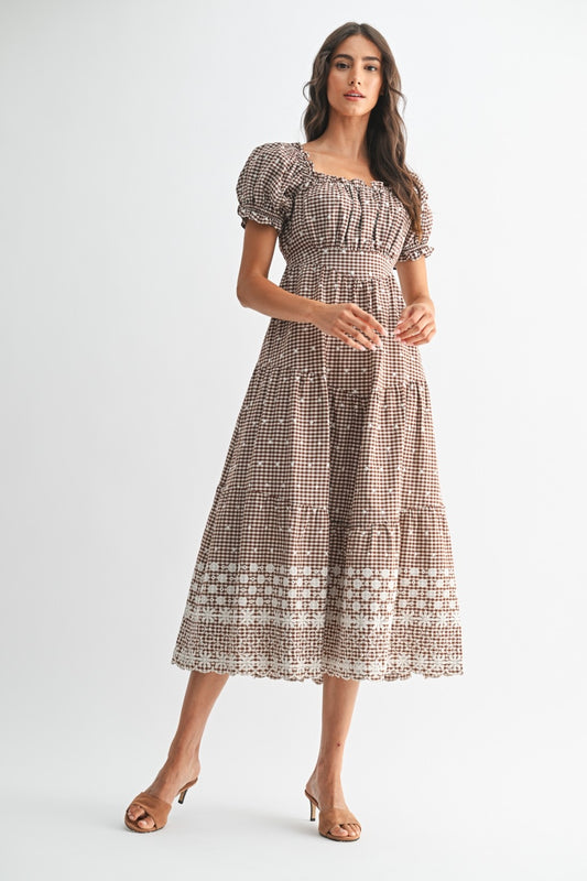 Brown/Ivory Gingham Short Puff Sleeve Midi Dress