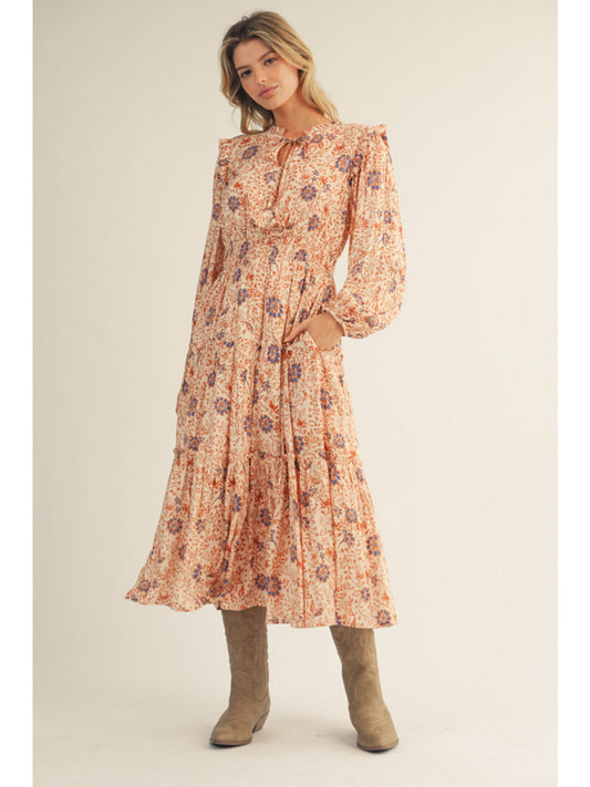 Caramel Mix Floral Shimmery Long Sleeve Midi Dress