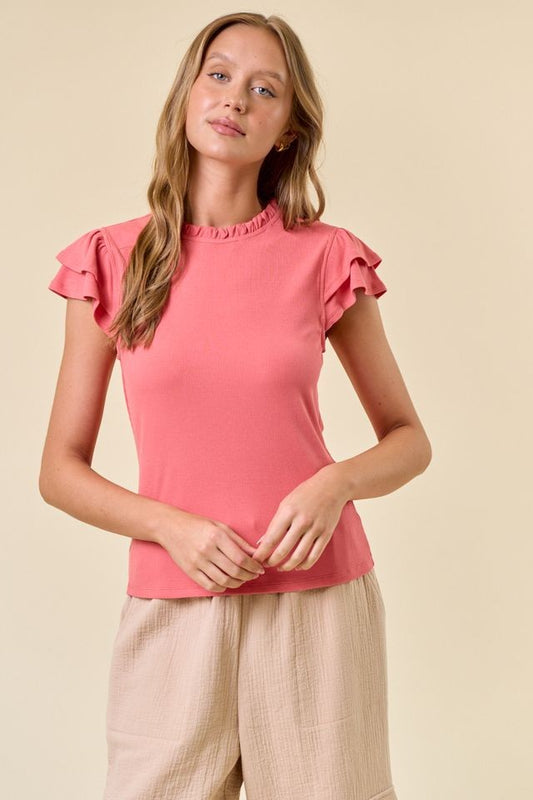 Coral Soft Rib Ruffled Neck Cap Sleeve Top
