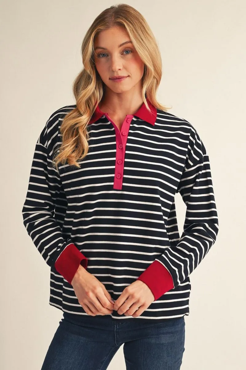 Black Striped, Long Sleve Polo Top