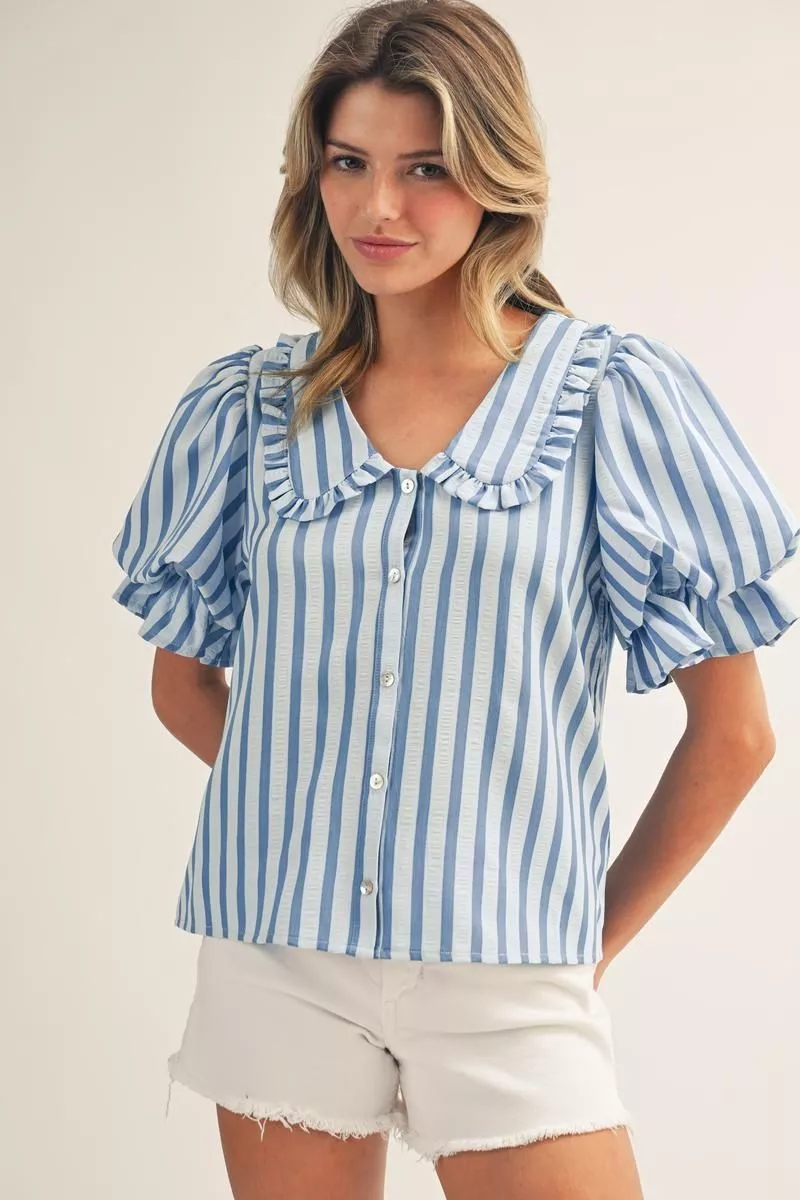 Blue Monochromatic Striped Short Sleeve Blouse w/ Peter Pan Collar