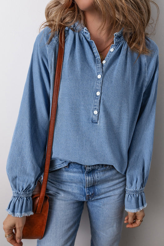 Blue Frilled Raw Hem Denim Long Sleeve