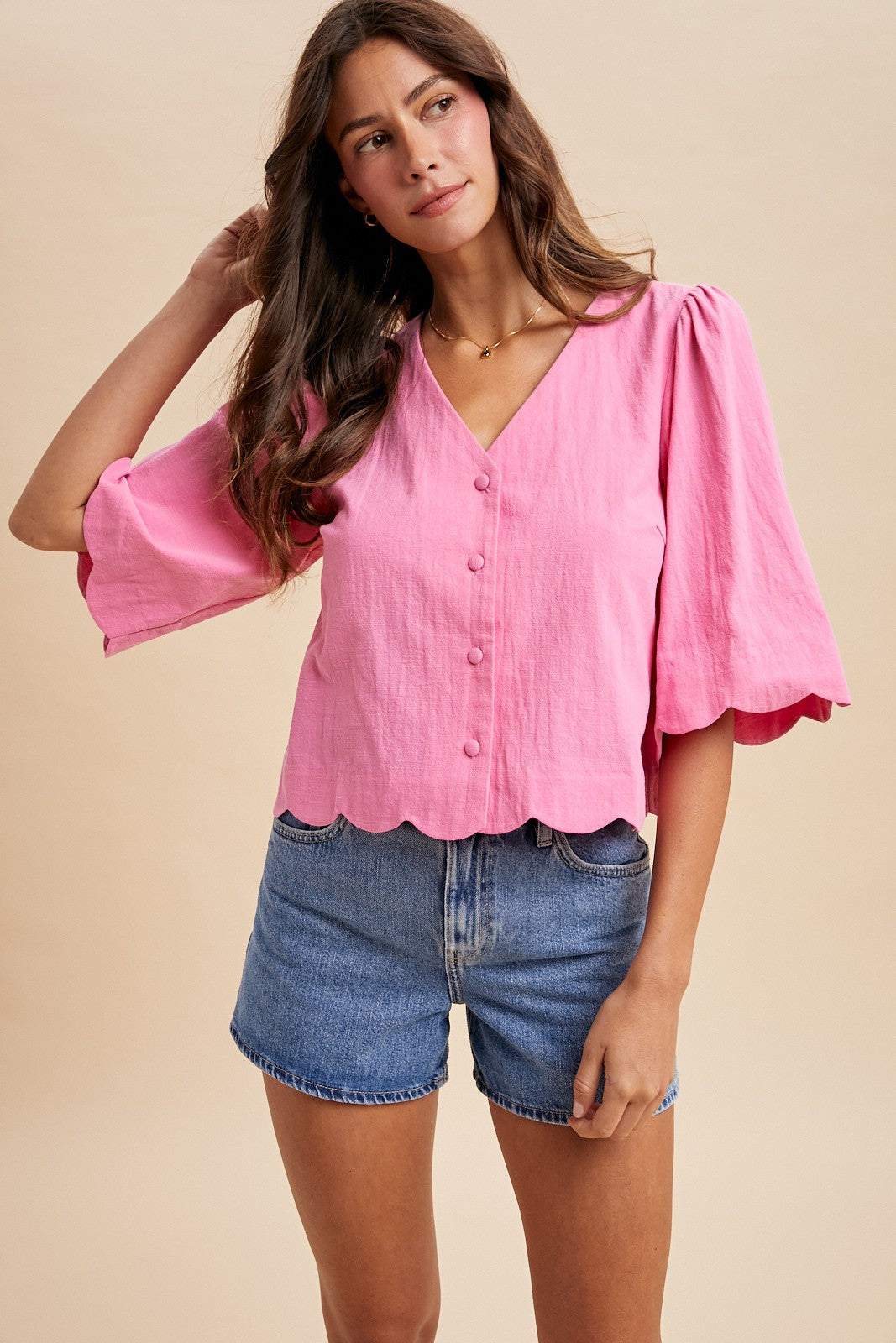 Bubble Gum Scallop Half Sleeve Button-Down Blouse