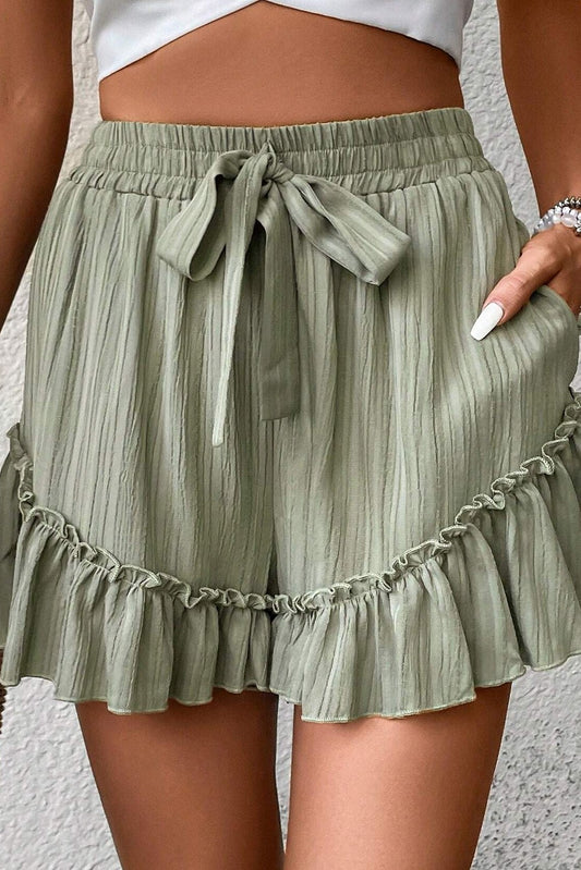 Green Tie Waist Ruffle Hem Shorts