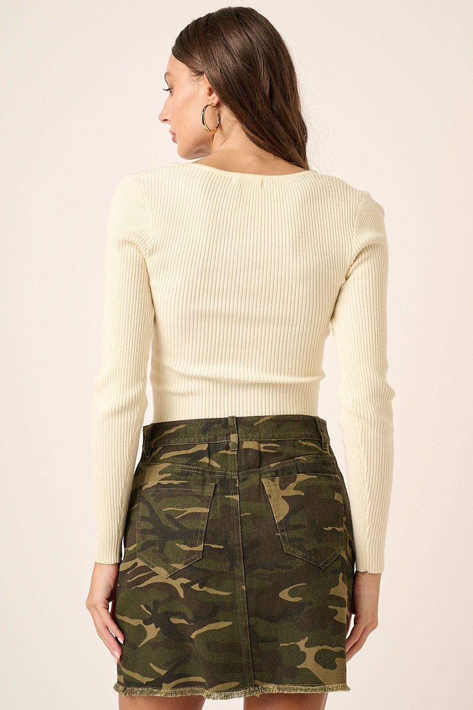 Cropped, Slit Placket Front Long Sleeve Top