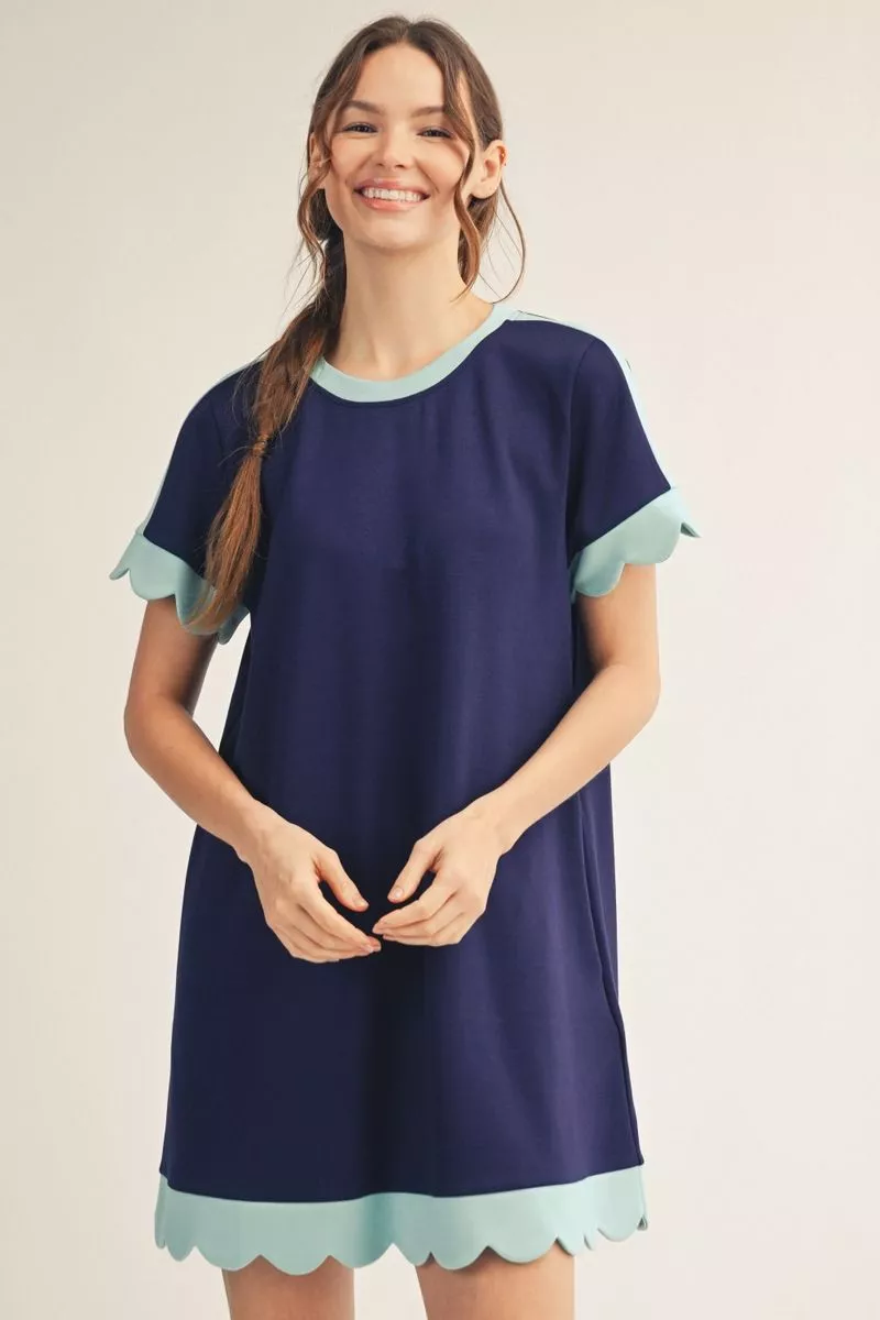 Navy/Mint Scallop Trim Short Sleeve Mini Dress