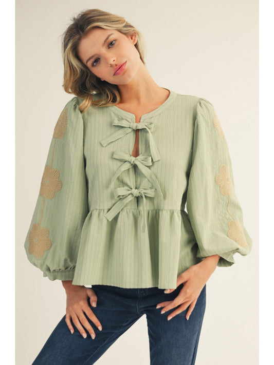 Sage Floral Embroidered Balloon Sleeve Babydoll Blouse