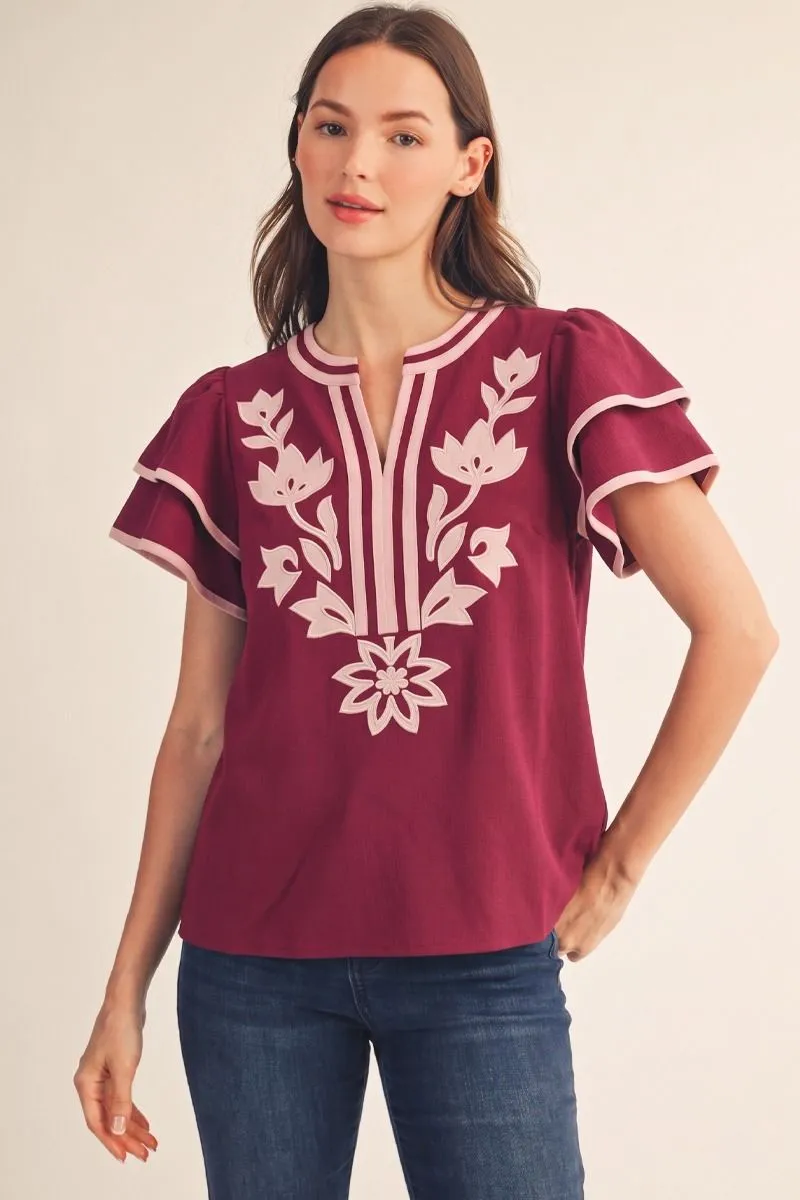 Burgundy Short Flutter Sleeve Blouse