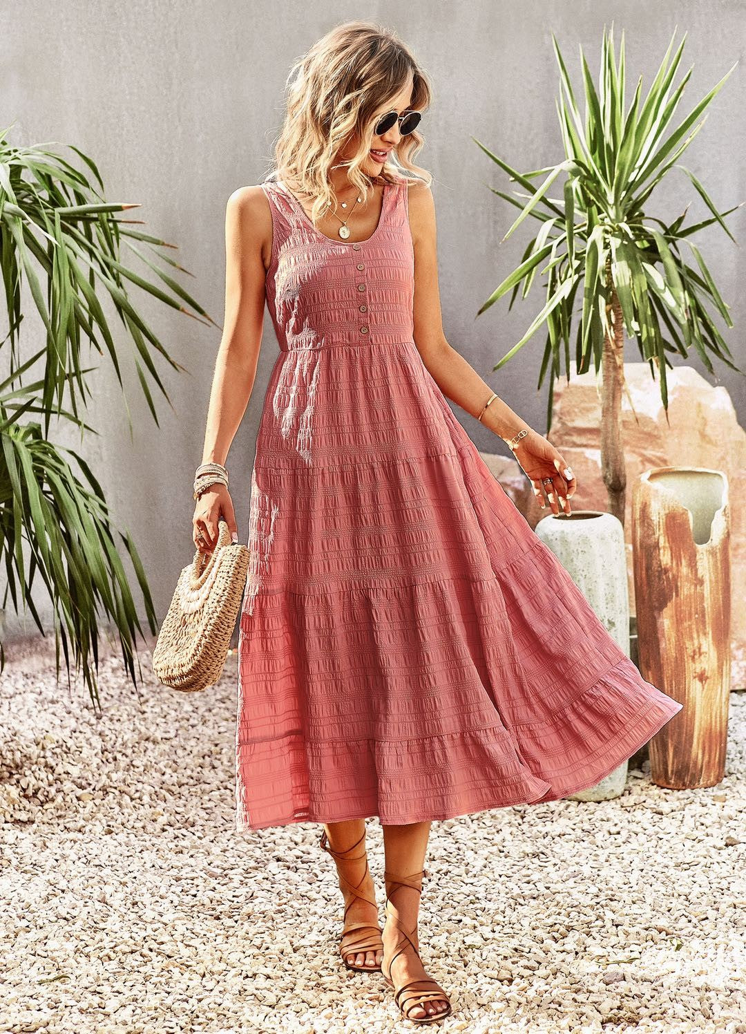 Dusty Rose Tiered Midi Dress w/ Pockets